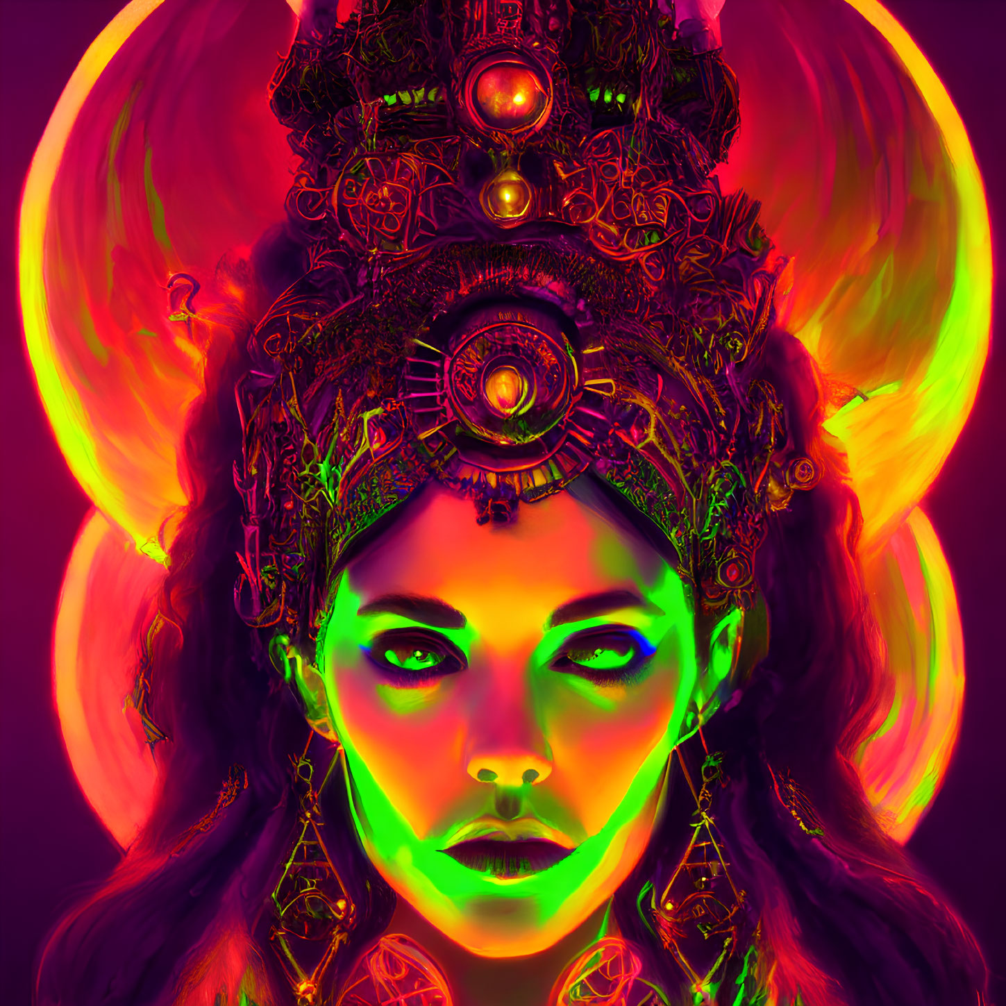 Colorful portrait of woman with green eyes and ornate headgear on red and purple backdrop