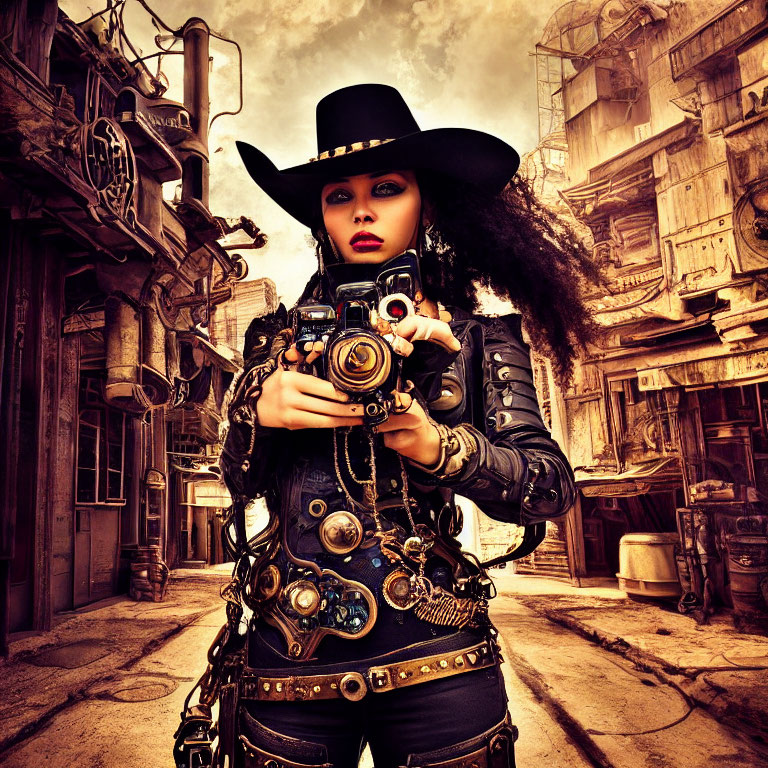 Steampunk Woman in Top Hat with Retro-Futuristic Gun in Dystopian Cityscape