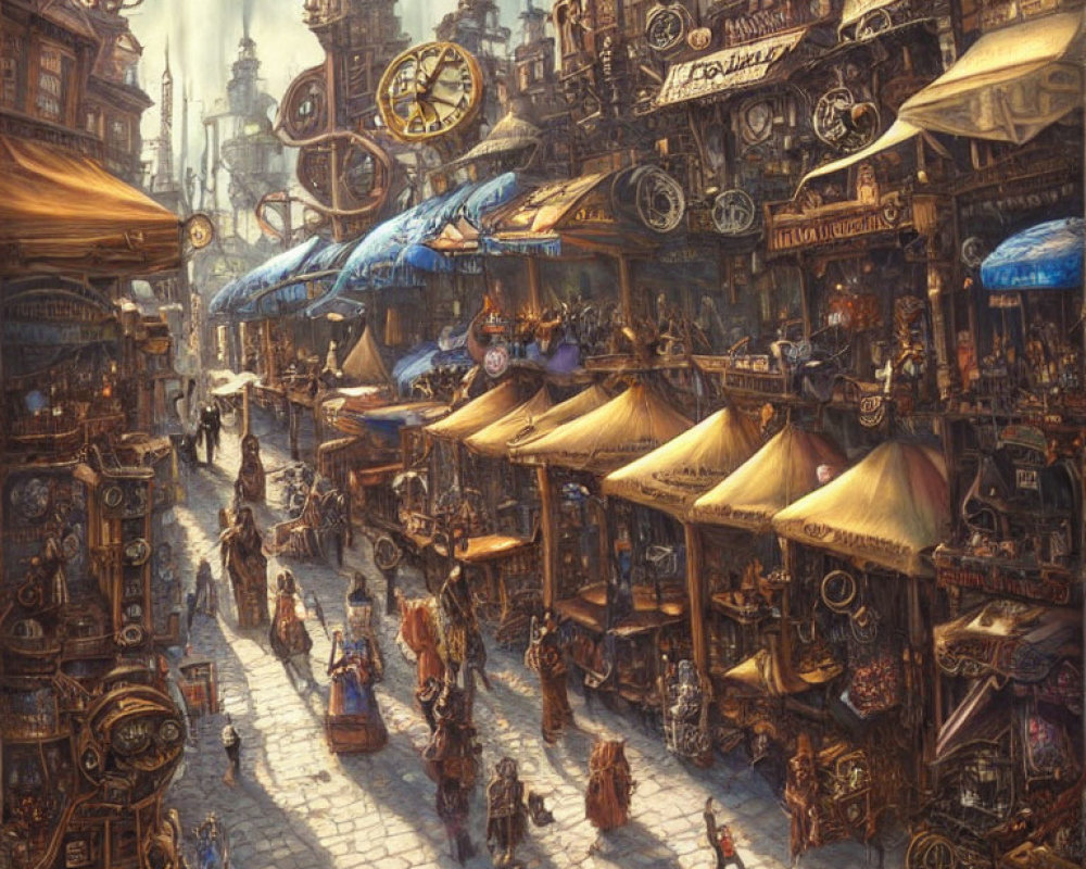 Steampunk market with vendors, crowded streets, intricate buildings, and airships.