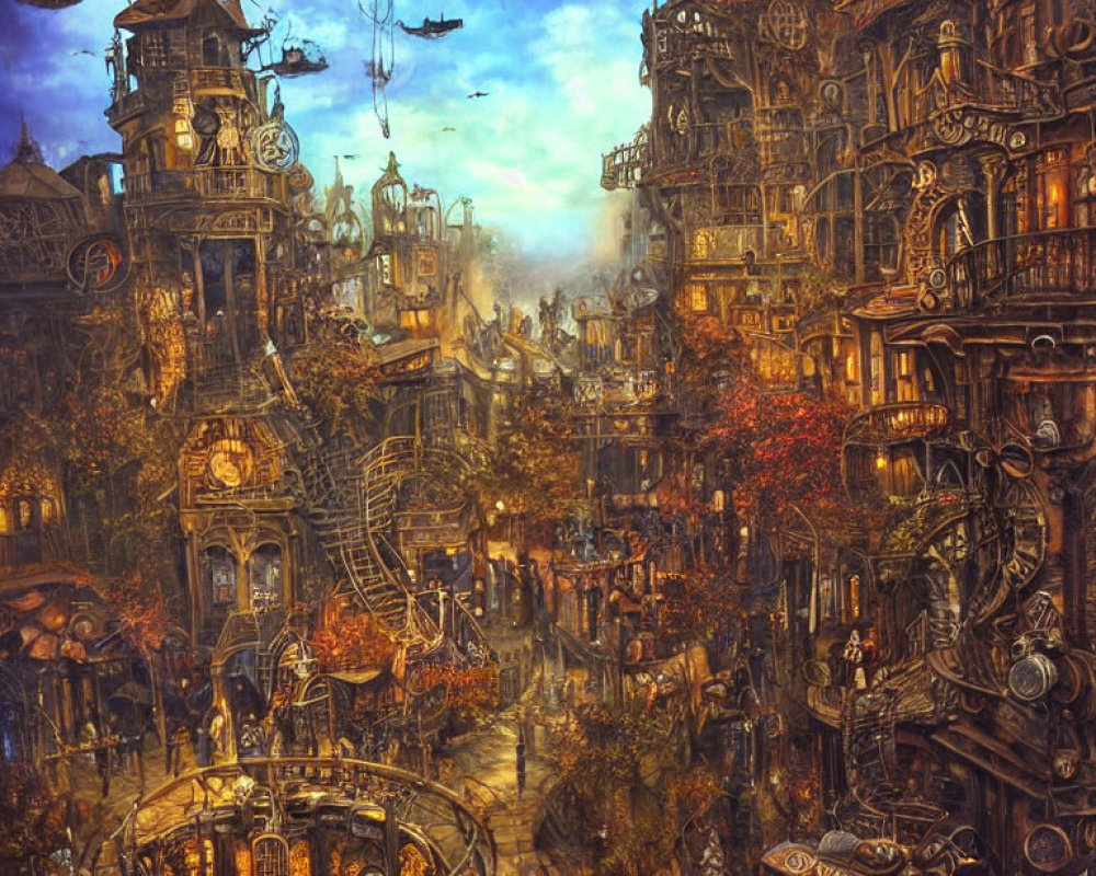 Intricate Steampunk Cityscape with Towers, Airships, and Cobblestone Streets