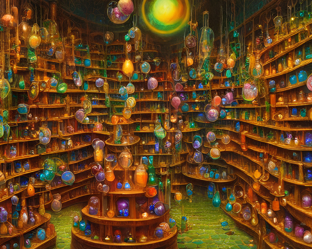 Colorful Alchemist's Workshop with Glowing Orbs, Flasks, and Mystical Spheres