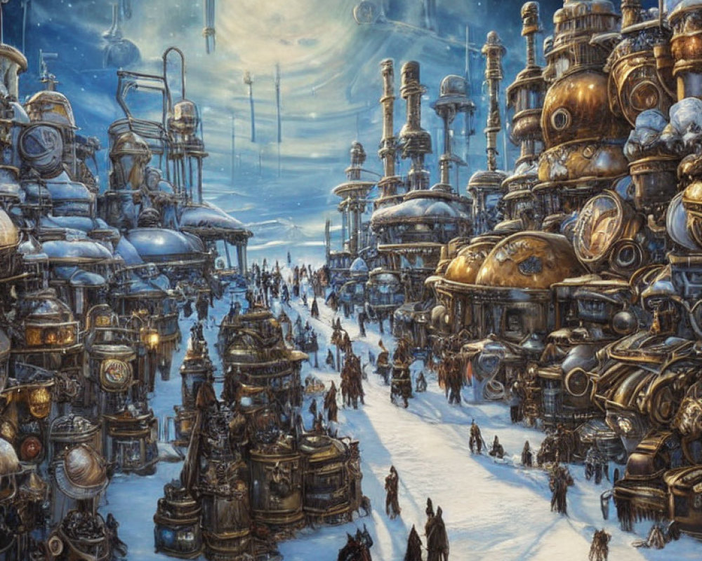 Steampunk cityscape with industrial structures, gears, and Victorian citizens in snowy streets