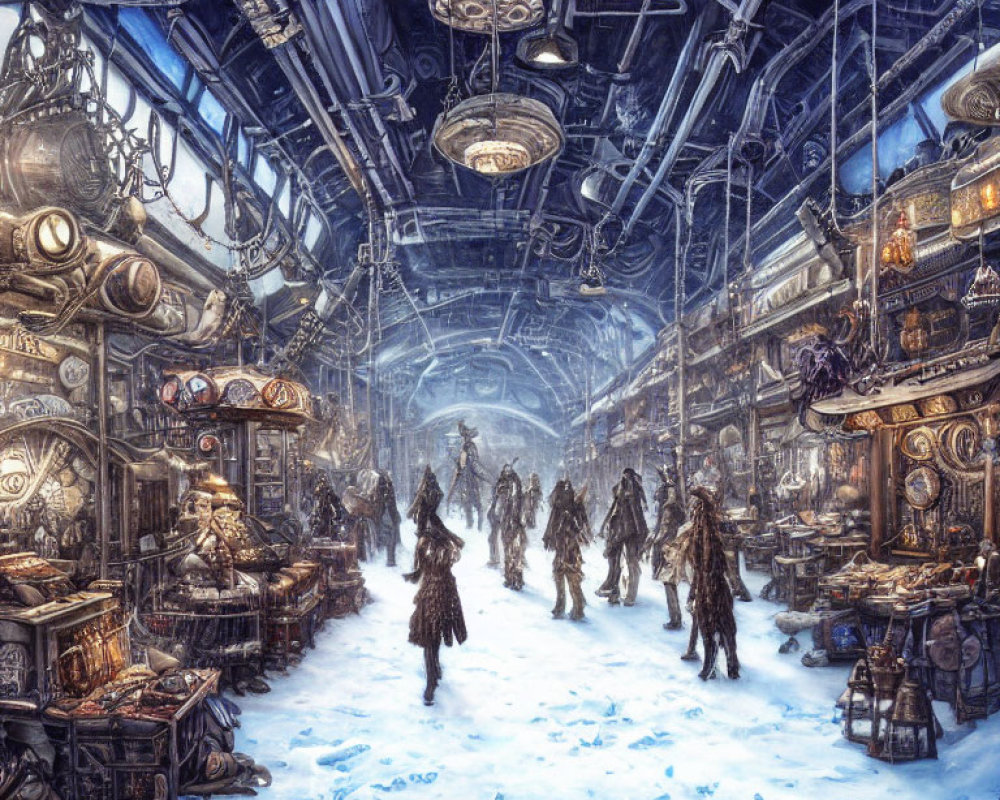 Snow-covered steampunk marketplace with vendors, machinery, and patrons in winter attire.