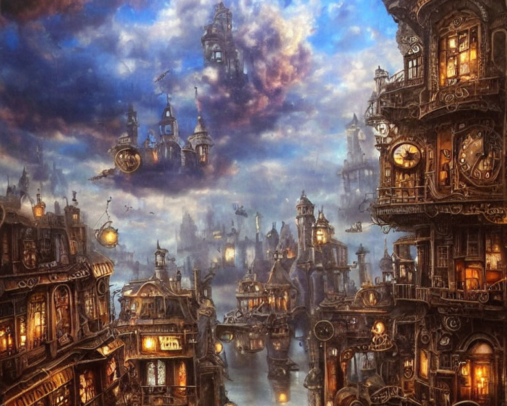 Fantasy steampunk cityscape with ornate buildings and airships at dusk