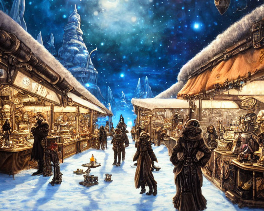 Winter Night Market Scene: Starry Sky, Moonlit Stalls, Snowy Roofs