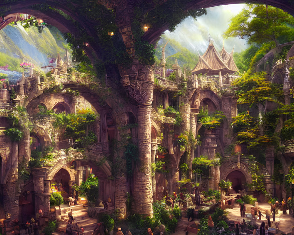 Sunlit forest scene with lush flora, grand arches, and serene courtyard.