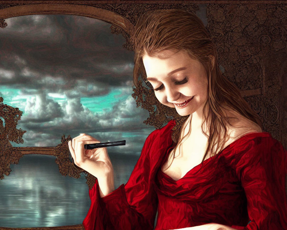 Smiling woman in red dress with pen by ornate window overlooking stormy seascape