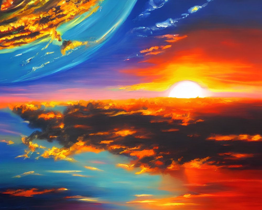 Colorful surreal painting: Sunset with red and orange clouds on blue sky