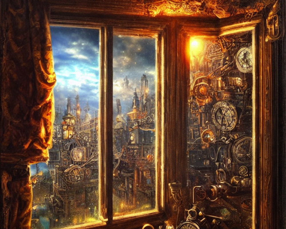 Golden ornate window frame showcases steampunk cityscape and gears at twilight