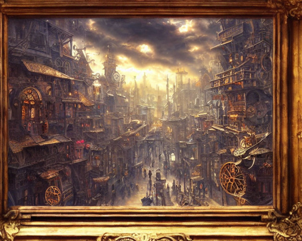 Intricate steampunk cityscape in ornate golden frame