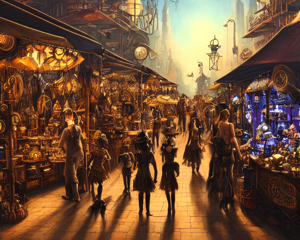 Fantasy marketplace with stalls, artifacts, patrons under moonlight