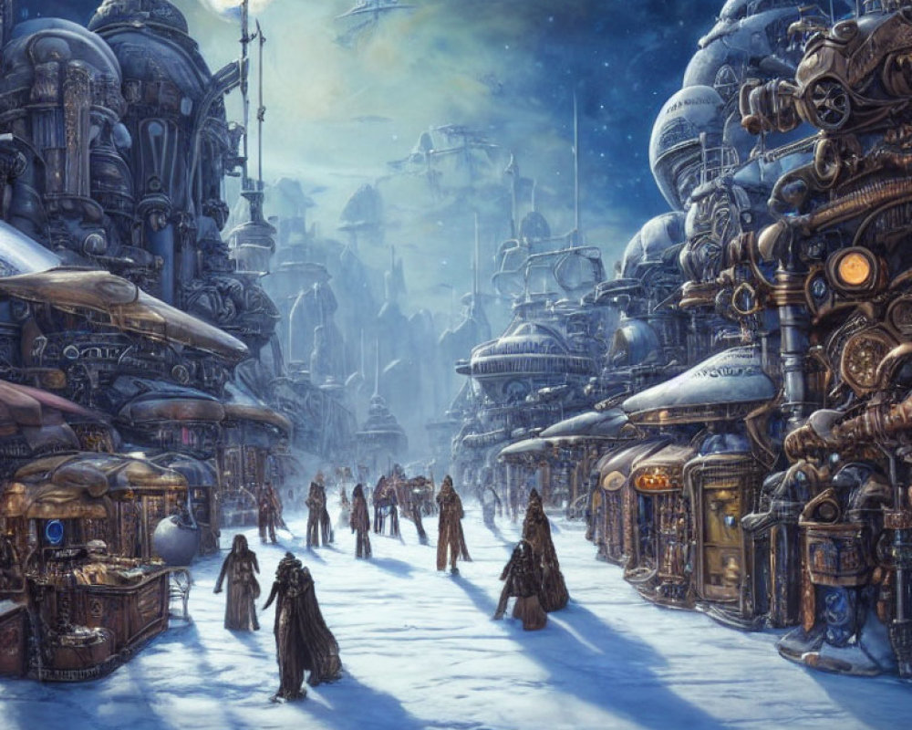 Snowy sci-fi cityscape at night with figures in cloaks, stalls, futuristic buildings, and