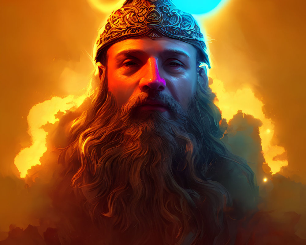 Bearded man with crown in fiery light and blue glow