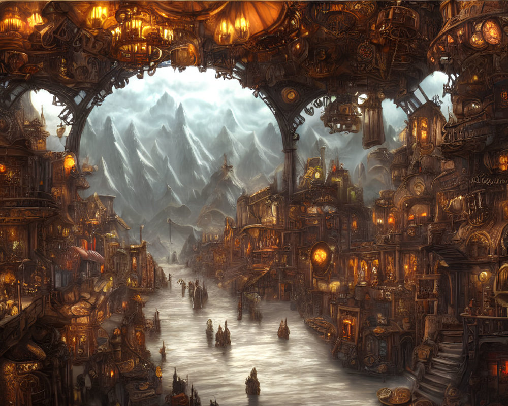 Steampunk cityscape with ornate buildings and waterways against snow-capped mountains