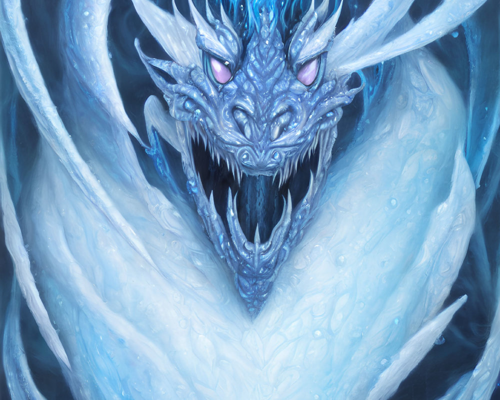 Detailed depiction of icy blue dragon with pink eyes, sharp horns, and crystalline scales.