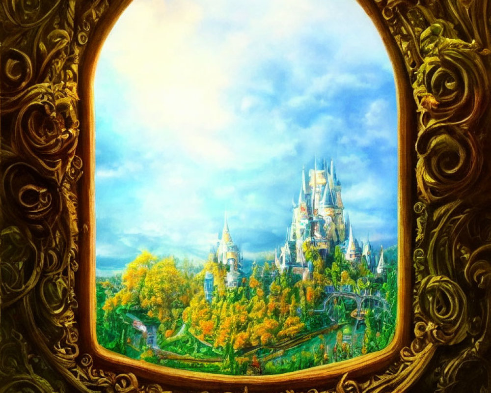 Colorful Fairy Tale Castle Painting in Baroque Frame