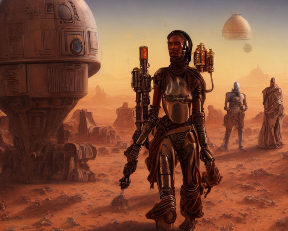 Sci-fi desert scene with armored figure, robotic companion, blaster, and dual suns.