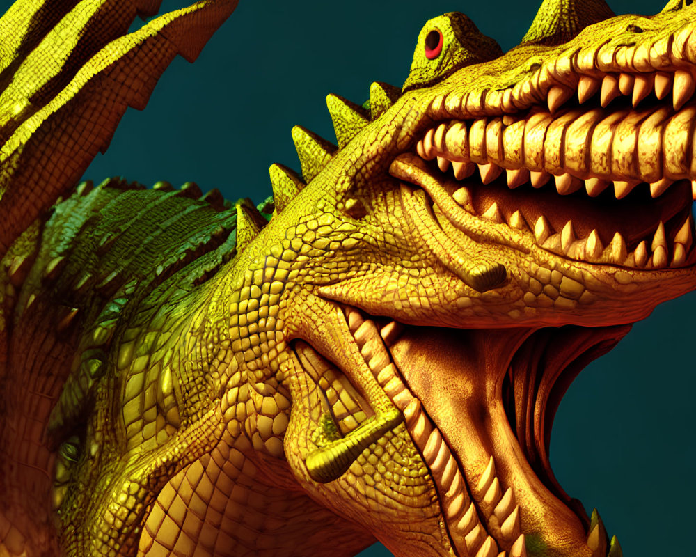 Detailed 3D Golden Dragon with Scale Textures and Red Eyes on Dark Green Background