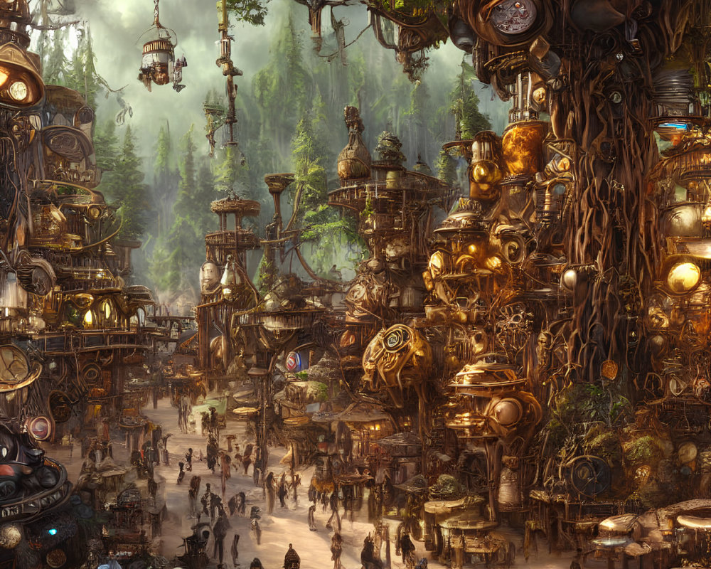 Intricate Steampunk City Among Forest with Metal Towers and Crowds