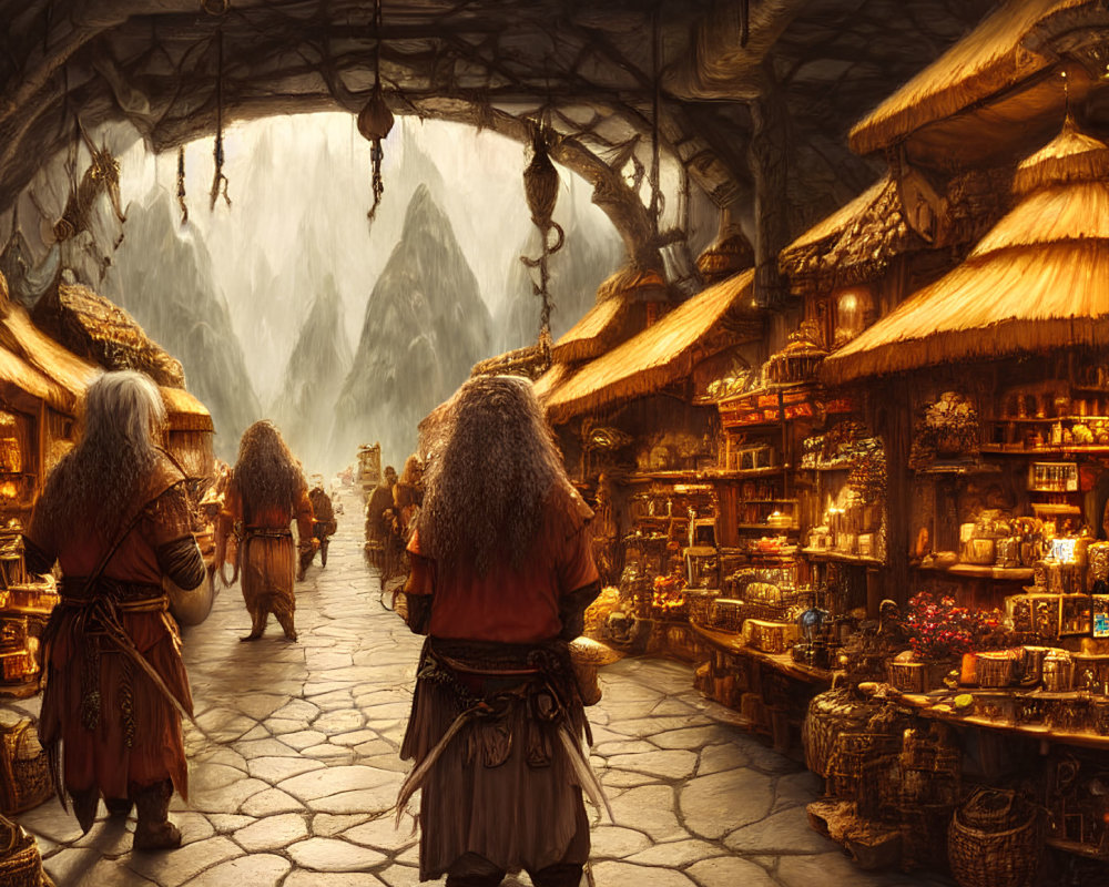 Fantasy market in mountain hall with dwarves and ornate stalls