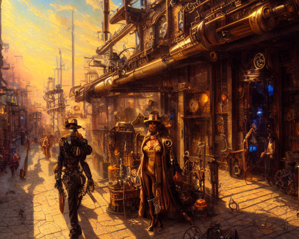 Steampunk city scene with Victorian attire, mechanical structures, and warm golden light.