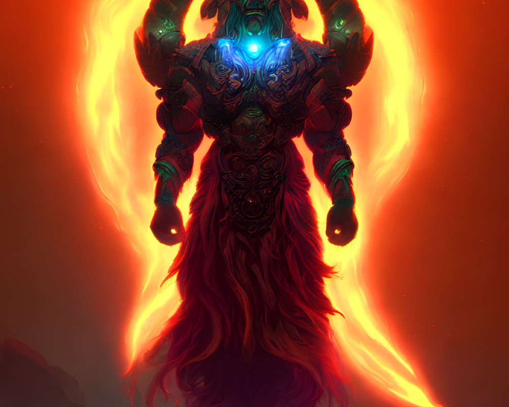 Green-skinned figure with blue chest armor engulfed in flames