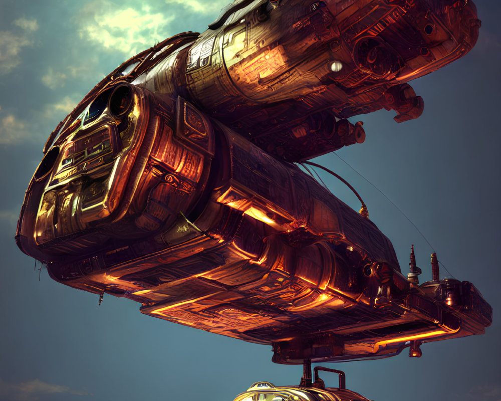 Detailed Illustration: Large Futuristic Spaceship with Glowing Orange Lights, Metal Panels, Flying in