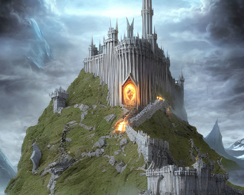 Majestic fantasy castle on rugged mountain with fiery gate