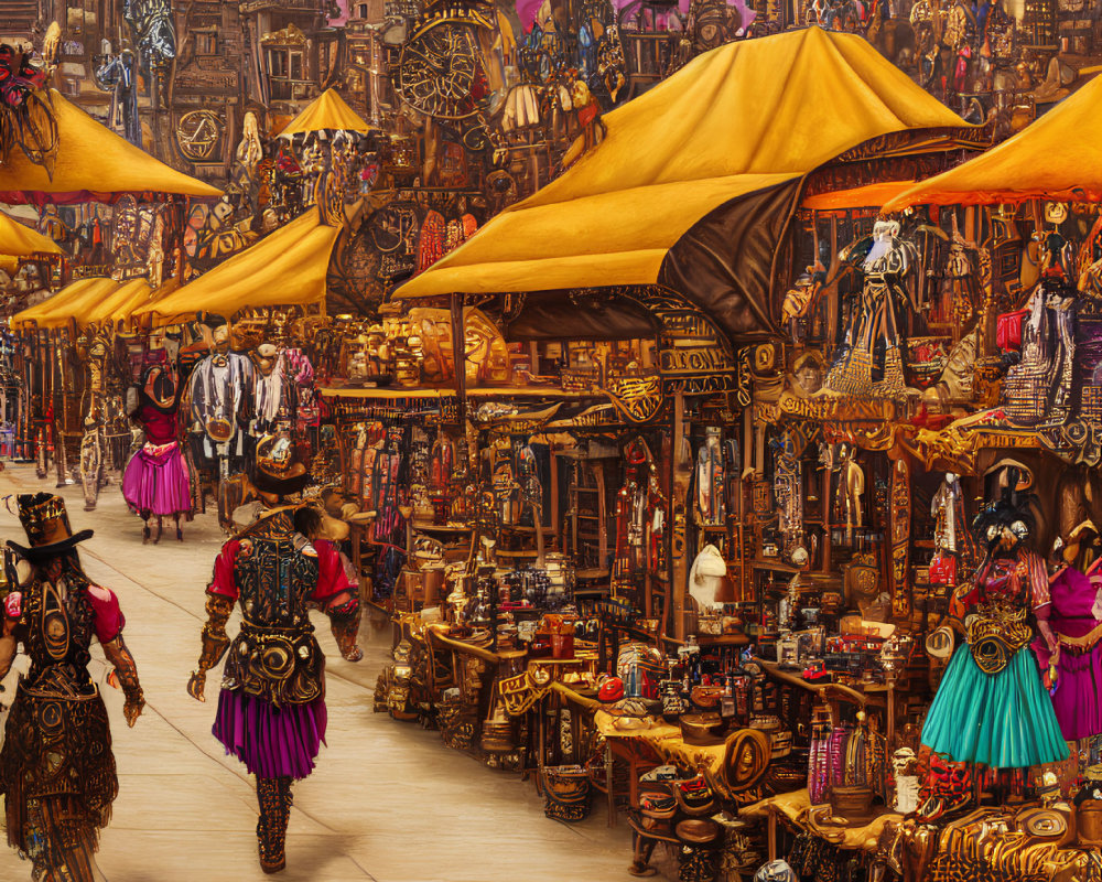 Vibrant market scene with colorful stalls and traditional attire