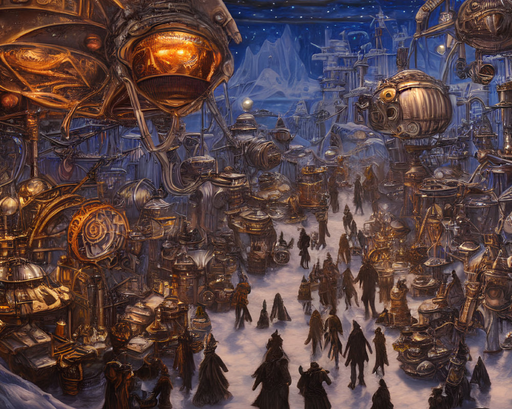 Steampunk marketplace with mechanical structures and glowing lanterns