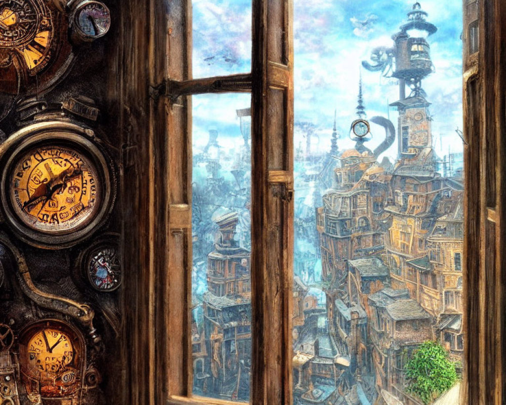 Steampunk cityscape with gears and gauges under blue sky