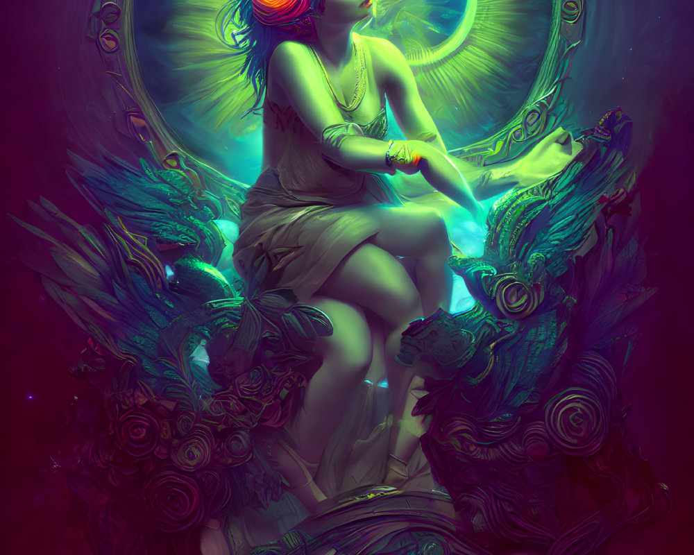 Mystical female figure on ornate throne under neon crescent moon