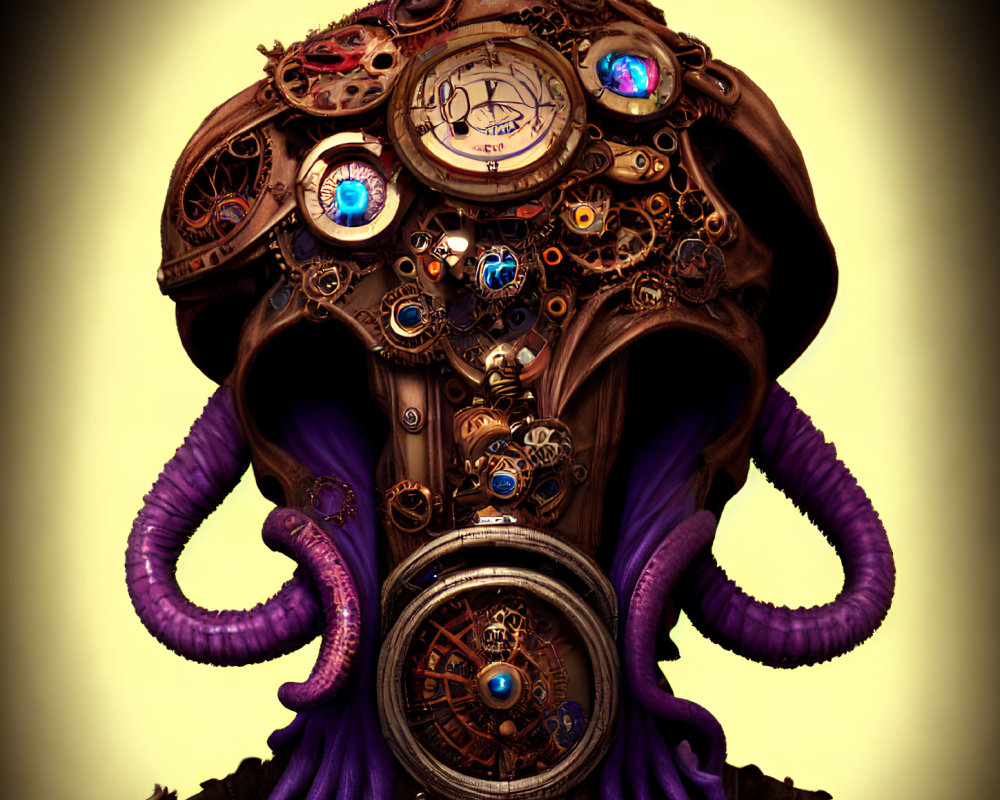 Steampunk octopus with gears and clocks on tan background