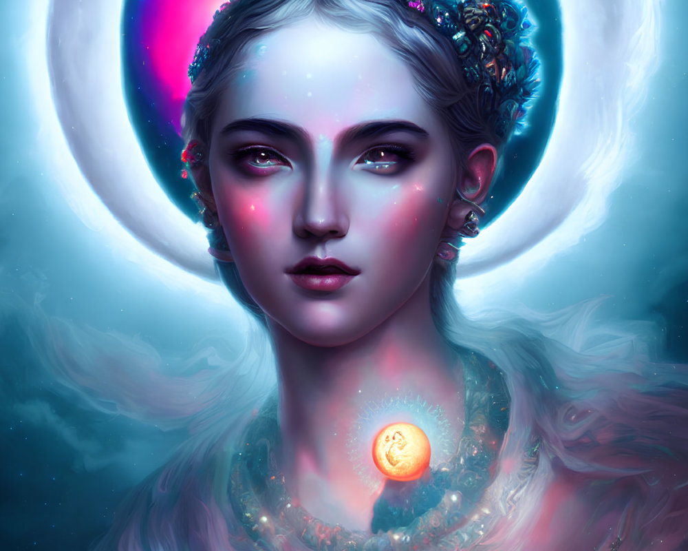 Digital artwork: Woman with glowing orb, halo, celestial theme