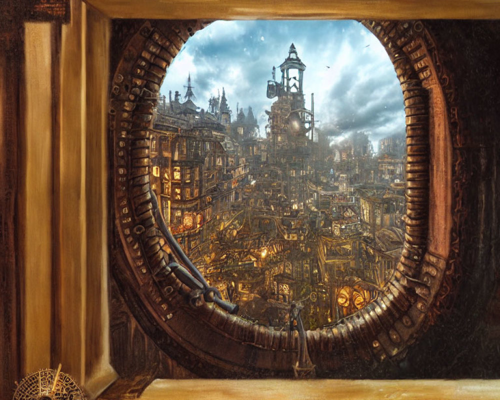 Steampunk Victorian Cityscape Through Brass-Framed Window