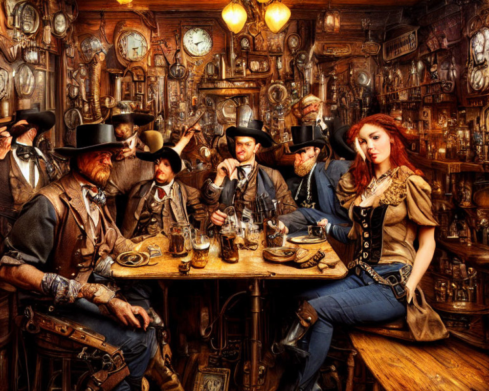 Vintage Saloon Interior with Western-Attired Group