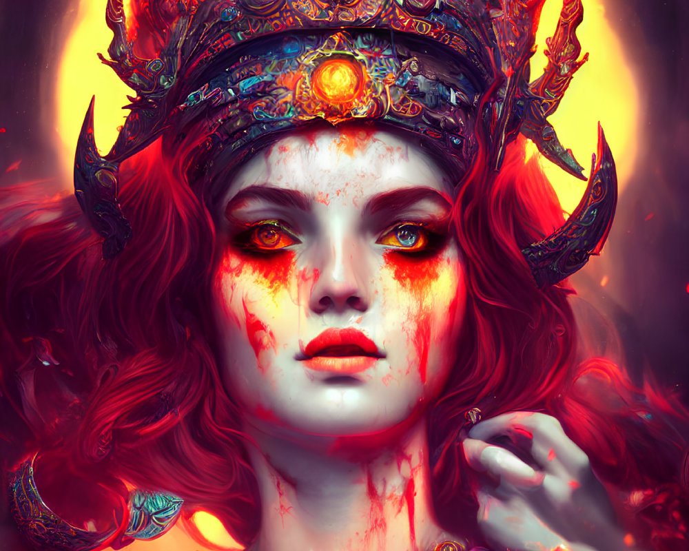 Vivid portrait of woman with fiery red hair and ornate horned headdress