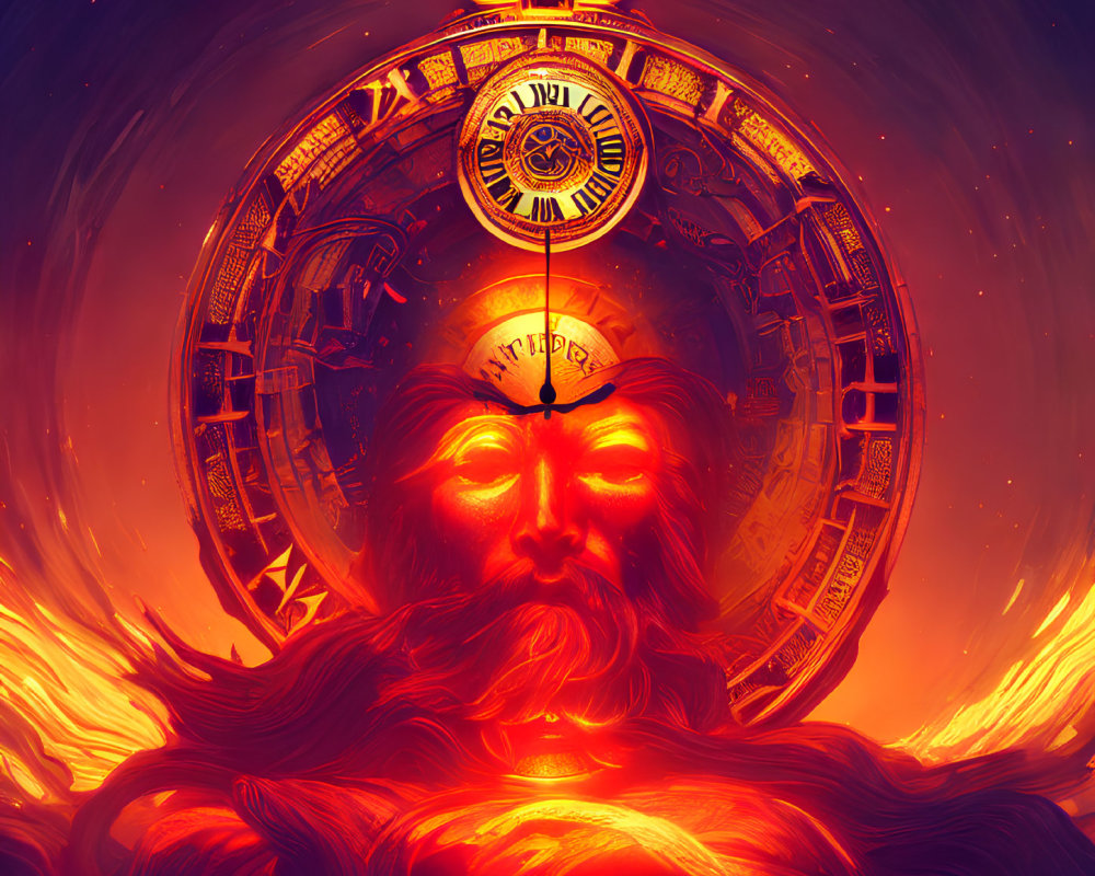 Bearded figure with closed eyes in fiery background with floating clock