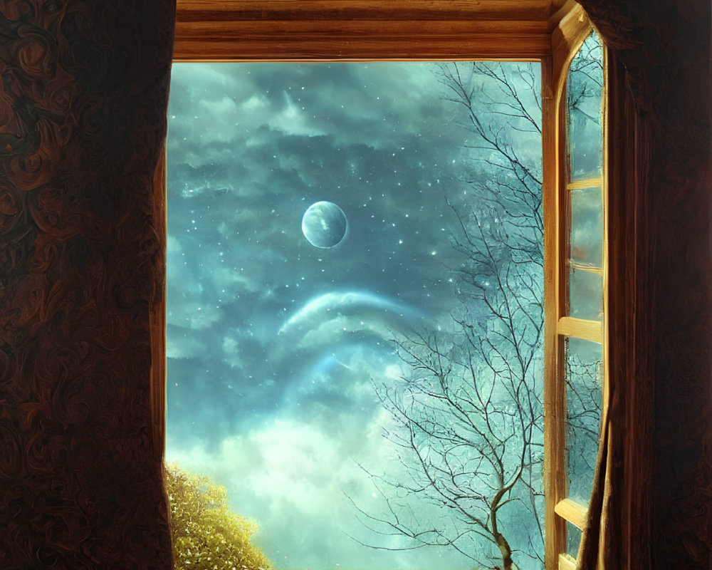 Ornate window frames mystical night sky with moon and stars