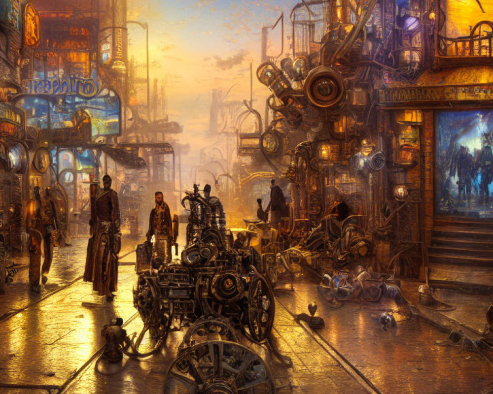 Steampunk cityscape at twilight with cobblestone streets and mechanical contraptions