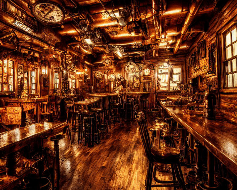 Vintage Pub with Wooden Floors and Ornate Bar Stools