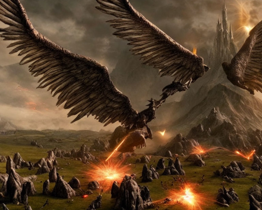 Mythical bird-like creatures breathing fire above rocky landscape