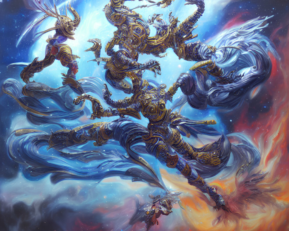 Ethereal beings in elaborate armor in cosmic scene