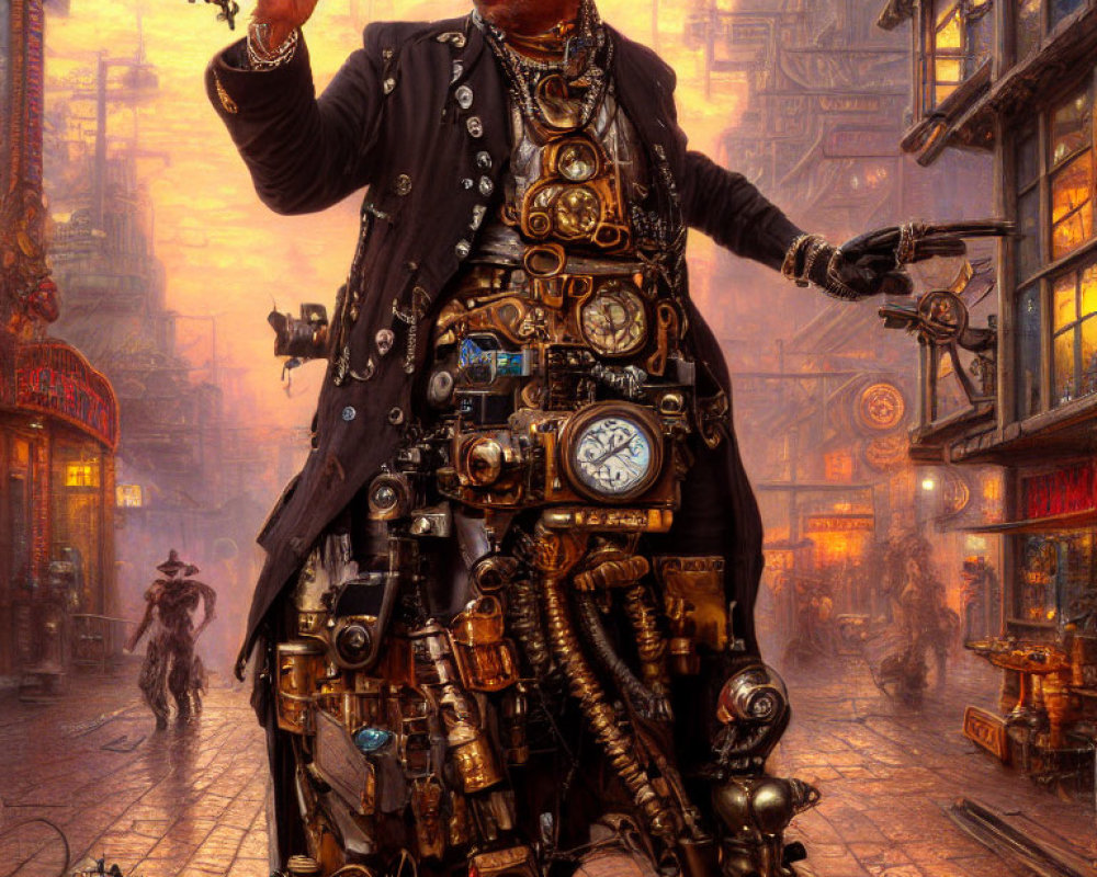 Elaborate steampunk attire in vintage cityscape at dusk