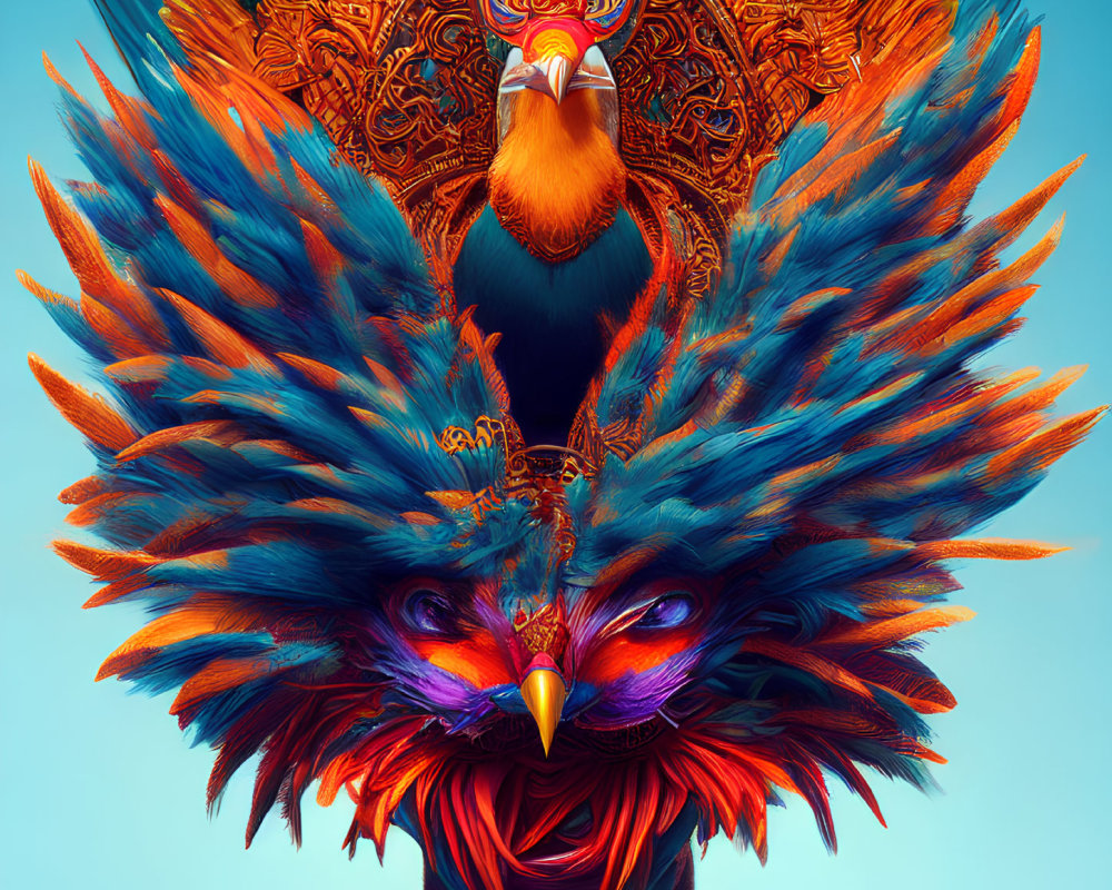 Colorful digital artwork of ornate birds on turquoise background