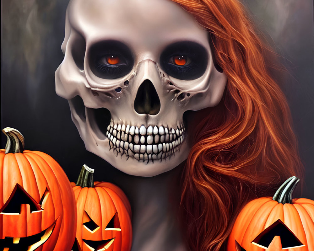 Digital Artwork: Person with Skull Makeup, Red Hair, Glowing Eyes, and Jack-o'-