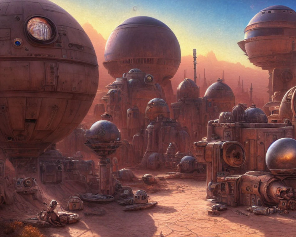 Futuristic desert landscape with spherical buildings and robots under sunset sky