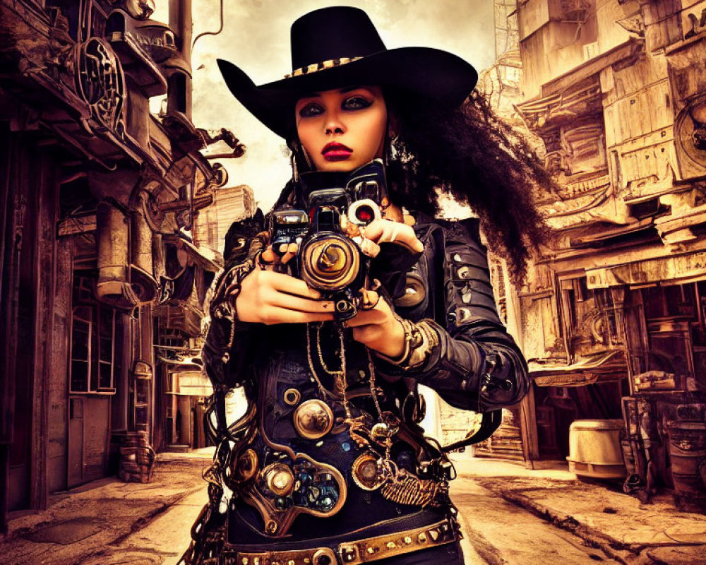 Steampunk Woman in Top Hat with Retro-Futuristic Gun in Dystopian Cityscape