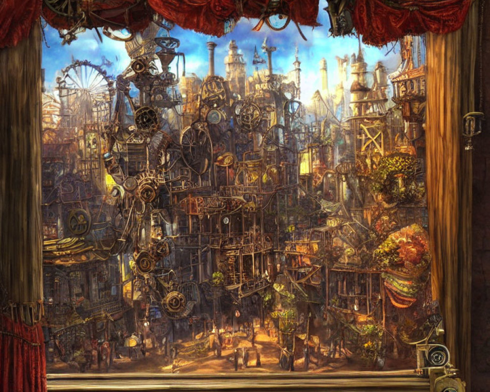 Detailed Steampunk Cityscape with Mechanical Structures and Ferris Wheels