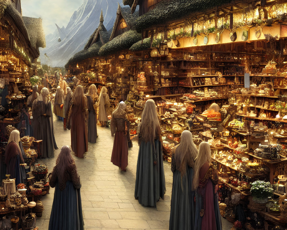 Medieval fantasy marketplace with vendors and shoppers under twilight sky